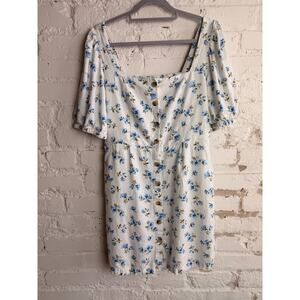 Old Navy Blue Floral Mini Dress Puff Sleeve Cottagecore Linen Blend L